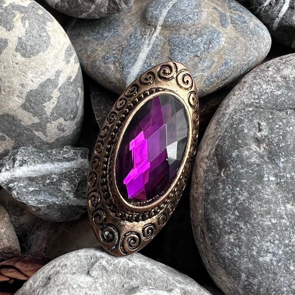 Vintage-Style Victorian Inspired Purple Gemstone and Brass Tone Statement Ring